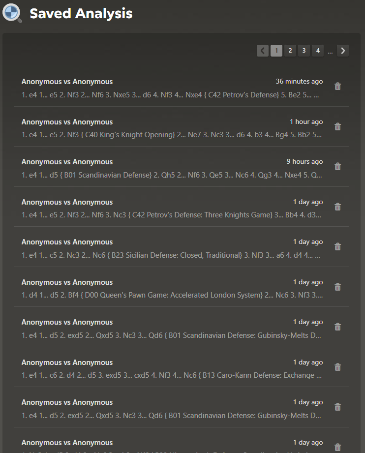 Chess.com Saved Analysis page showing there is no delete-all button